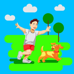 Flat vector illustration with boy play with dog