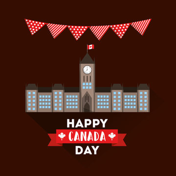 happy canada day ottawa and pennants decoration card vector illustration