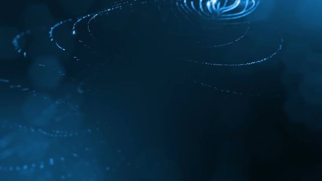 Virtual space with depth of field. Looped holographic background with particles form lines, surfaces, grid. Blue ver.20
