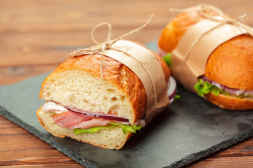 sandwich on a wooden table