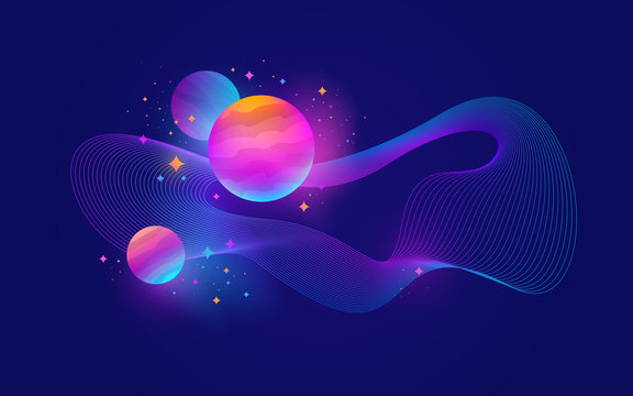 Planets with glow effect, stars and abstract waveform - vector illustration,