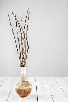 Branches of willows in a vase on a white wooden table. Minimalism. Copy Space
