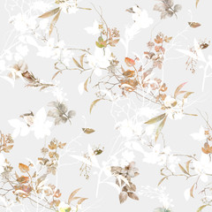 Watercolor painting of leaf and flowers, seamless pattern on white background