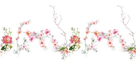 Watercolor painting of leaf and flowers, seamless pattern on white background