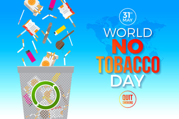 World no tobacco day - concept illustration. 
Cigarettes and other items for smoking are thrown out into the trash can. Vector illustration.