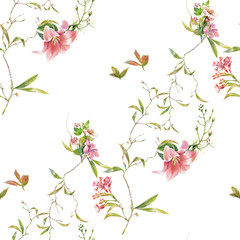 Watercolor painting of leaf and flowers, seamless pattern on white background