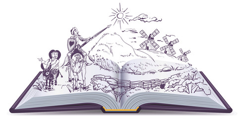 Fototapeta premium Don Quixote open book vector cartoon illustration