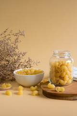 raw pipe rigate pasta, jar, bowl and spoon on colourful pastel background