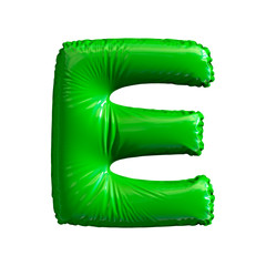 Green letter E made of inflatable balloon isolated on white background