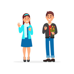 Couple in love, boy presenting flowers to girl vector Illustration on a white background