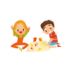 Cute little boy and girl sitting on the floor and painting with colorful handprints, education and child development concept vector Illustration on a white background