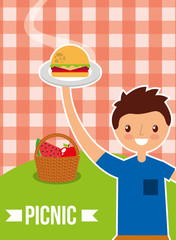 happy man holding burger with fruit basket with picnic checkered tablecloth vector illustration