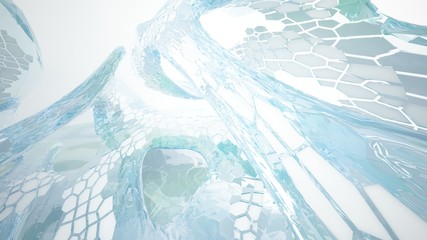 Abstract white and blue water parametric interior with window. 3D illustration and rendering.