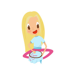 Cute blonde little girl sitting on the floor and embroidering on canvas, education and child development concept vector Illustration on a white background