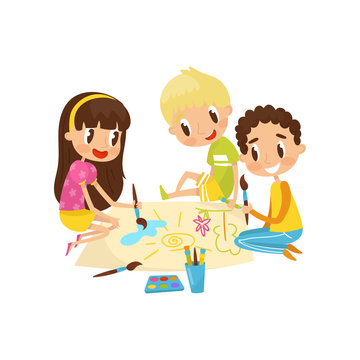 Little kids sitting on the floor and drawing aquarell paints on large sheet of paper, education and child development concept vector Illustration
