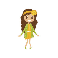 Sweet cartoon girl character in yellow dress and green cardigan, cute kid in fashionable clothes vector Illustration on a white background