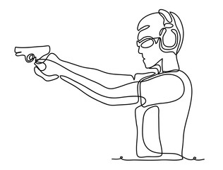 Professional policeman special force trained battleground officer shooting with gun  pistol at the enemy target. Continuous line drawing. Vector monochrome, drawing by lines. sketch