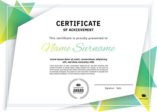 Official white certificate with green triangle design elements. Business clean modern design