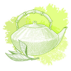 Teapot with tea and green tea leaf on watercolor background.