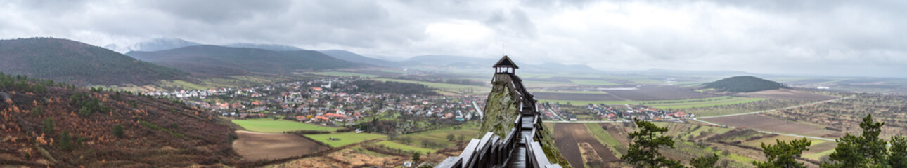 Panorama from the castle of Boldogko, Hungary with a wooden bridge to a viewpoint