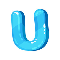 U blue glossy bright English letter, kids font vector Illustration on a white background