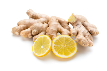 Ginger bio and lemon on white background.