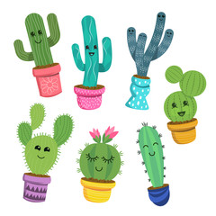 A collection of cute and cheerful cactus plant characters in colourful pots. Vector illustration.