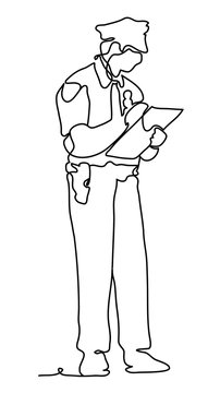 Police officer with digital tablet against white background. Continuous line drawing. Vector monochrome, drawing by lines.