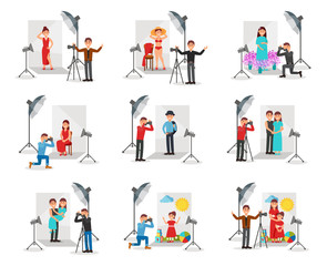 Fototapeta na wymiar Photographer with camera photographing people set, photo session in studio vector Illustrations