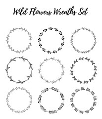 Hand drawn wreath set of vector design. Leaves and flowers garlands. Wild floral design elements.