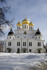 Kremlin in Dmitrov town, Moscow region, Russia. Famous historic town, popular landmark. Color winter photo.