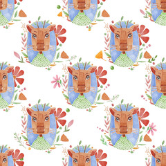 Watercolor pattern animal face cute deer .