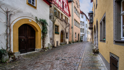 Fototapeta na wymiar Typical Street and historical houses in Rothenburg ob der Tauber, Bayern