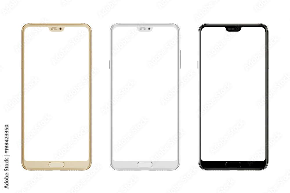 Poster modern smart phone in gold; silver and black color. isolated screen and background.