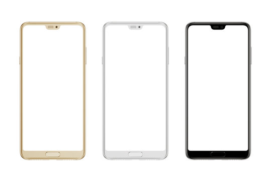 Modern smart phone in gold; silver and black color. Isolated screen and background.
