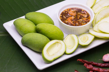 slice raw mango with Sweet fish sauce or thai call snacks namplawan