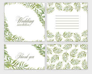 Naklejka premium Wedding invitation frame set flowers, leaves, watercolor, isolated on white.