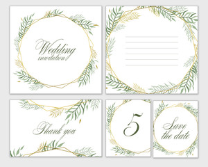 Wedding invitation frame set flowers, leaves, watercolor, isolated on white.