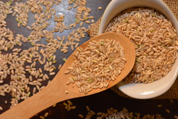 riso integrale biologico su cucchiaio di legno © Rosario