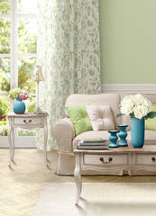 bright room with white coffee table and sofa
