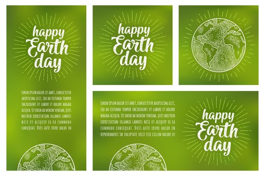 Happy Earth Day handwriting lettering. Vector green mesh gradient background