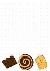 Paper note book template with biscuit, cupcake and chocolate in hand drawn style.