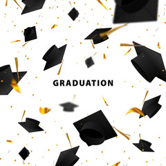 Graduate caps and confetti on a white background. The caps come out from the side. Typography greeting, invitation card with diplomas. Hat.