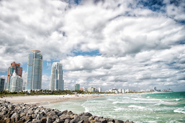 South Beach view from the pier, Miami Beach in Florida famoust tourist atraction. Aerial view of South Pointe Park and Pie