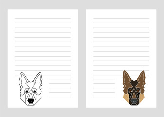 Paper notebook template with german shepherd dog icon in geometric modern style.