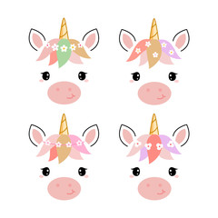 Adorable unicorn heads isolated on white background. © trikenirreligious