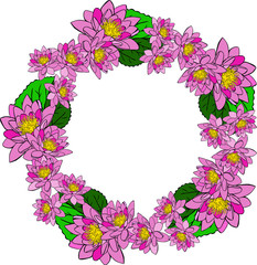round wreath with pink water lotus and green leaves