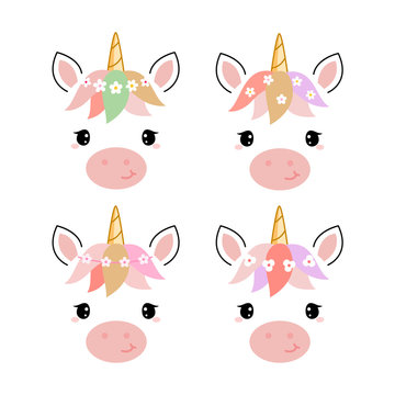 Fototapeta Adorable unicorn heads isolated on white background.