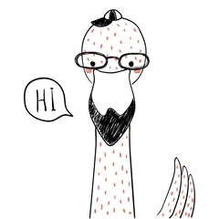 Sierkussen Hand drawn portrait of a cute funny flamingo in glasses, cap, saying Hi. Isolated objects on white background. Line drawing. Vector illustration. Design concept for children print. © Maria Skrigan