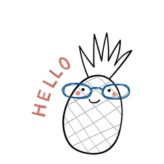 Sierkussen Hand drawn portrait of a cute funny pineapple in glasses, with text Hello. Isolated objects on white background. Line drawing. Vector illustration. Design concept for children print. © Maria Skrigan